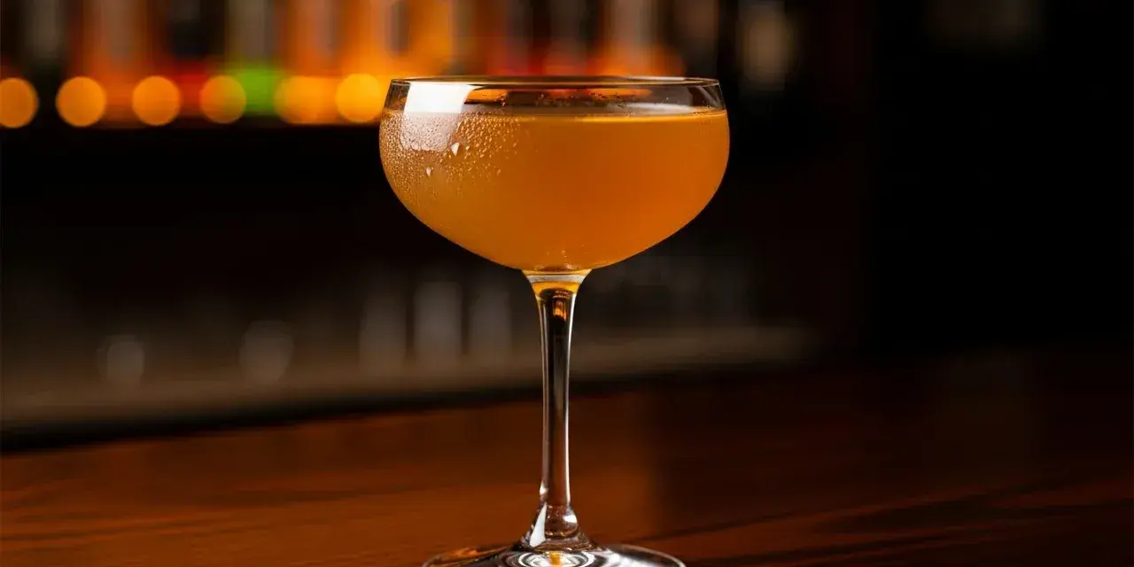 En gyllene Paper Plane cocktail i ett elegant glas, redo att lyfta smaklökarna.