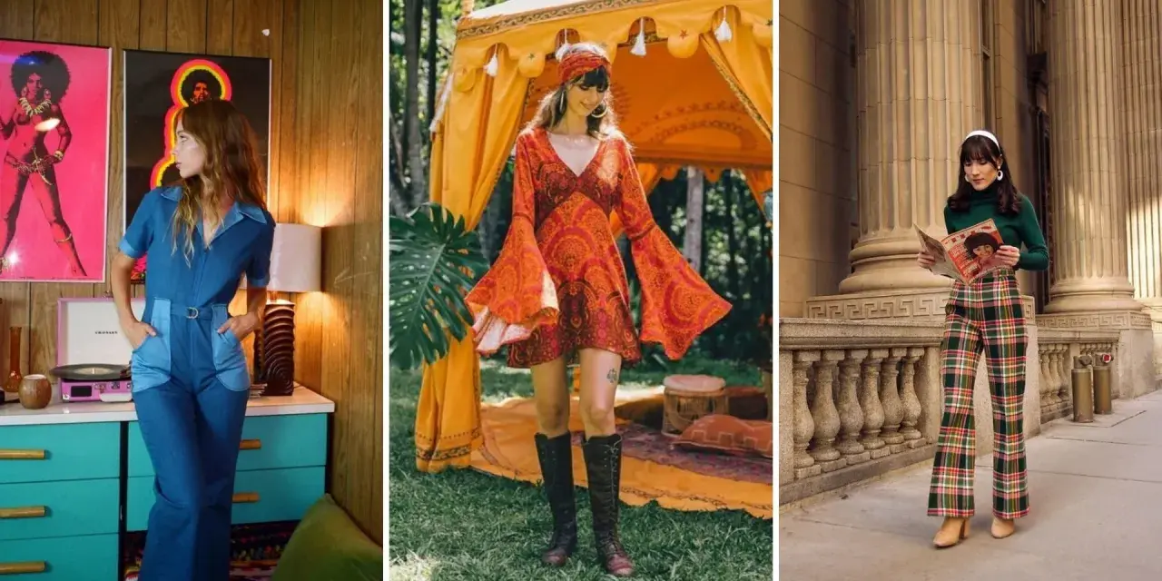 Trzy stylizacje w klimacie moda lat 70.: w dżinsowym kombinezonie, pomarańczowej sukience z dzwonami i w kraciastych dzwonach.