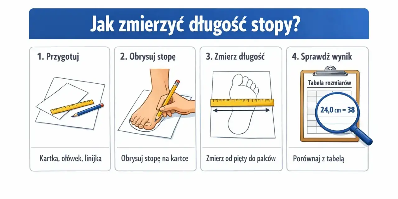 Instrukcja mierzenia stopy: przygotuj kartkę, obrysuj stopę, zmierz długość od pięty do palców. 24 cm to rozmiar 38.