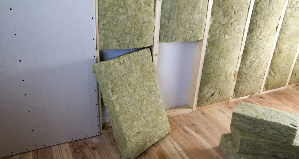 Installazione di materiali coibentanti in lana di roccia per l'isolamento termico di una parete in costruzione.