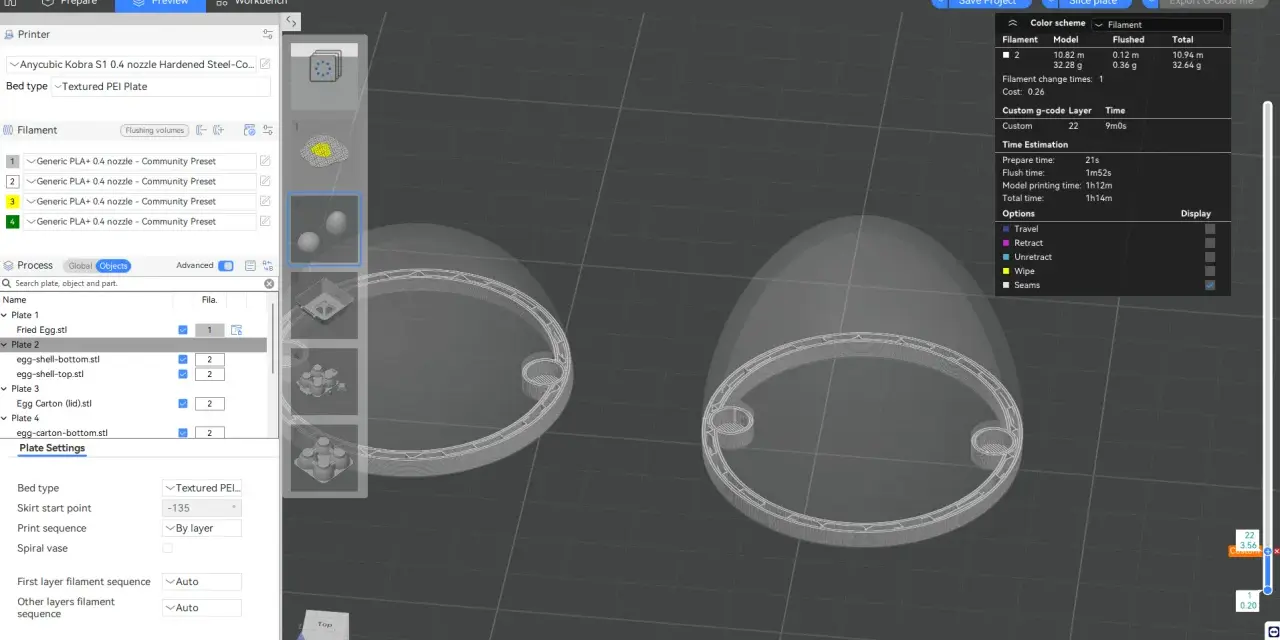 Ustawienia w Anycubic slicer dla druku skorupki jajka. Widoczne są modele, ustawienia filamentu i szacowany czas druku.