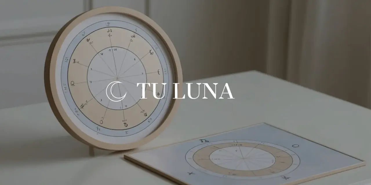 Dos cartas astrales, una circular y otra plana, muestran símbolos y números. El texto "TU LUNA" sugiere que exploran qué es la luna en la carta astral.