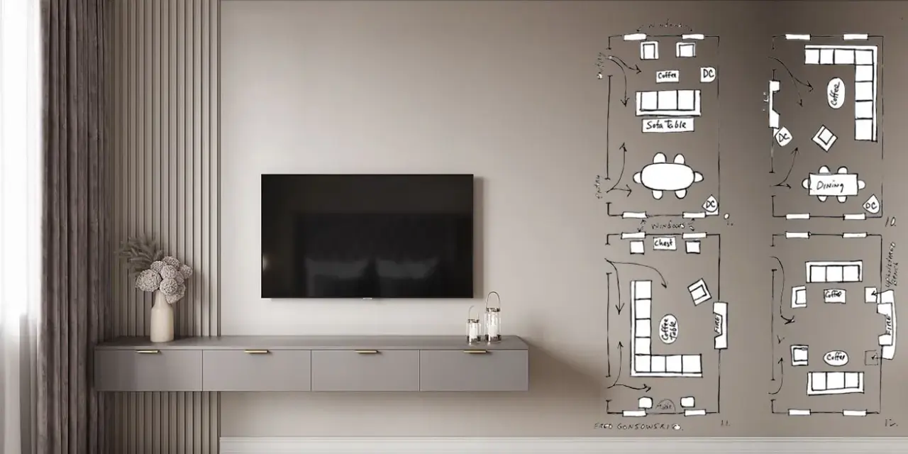 Un moderno soggiorno con un divano e TV laterale. Schizzi di planimetrie sul muro mostrano diverse disposizioni di mobili.
