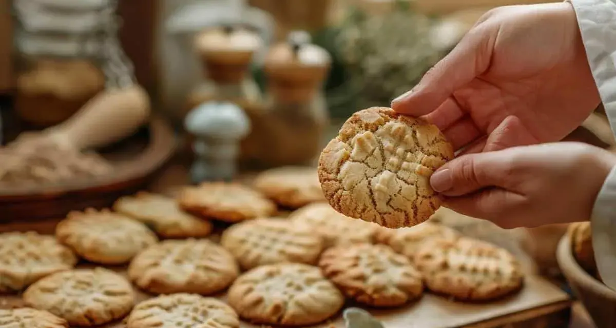 Une main tient un biscuit aux cookies chocolat craquelé. Une planche remplie de biscuits similaires est visible en arrière-plan.