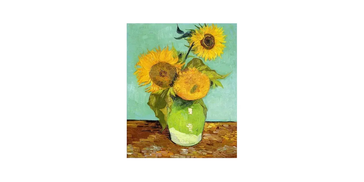 Vincent van Goghs solrosor i en grön vas. Tre solrosor med gula kronblad och bruna mittar mot en turkos bakgrund.
