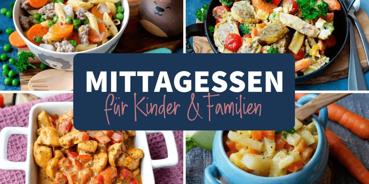 Vier leckere Gerichte, die Kinder lieben: Nudeln mit Hackfleisch, Wurstpfanne, Hähnchen-Curry und Kartoffel-Gemüse-Eintopf.