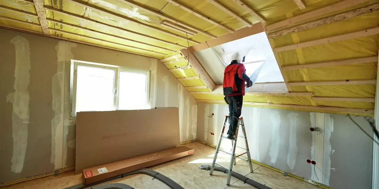 Operaio in piedi su una scala per isolare il tetto di una mansarda con materiale isolante giallo.
