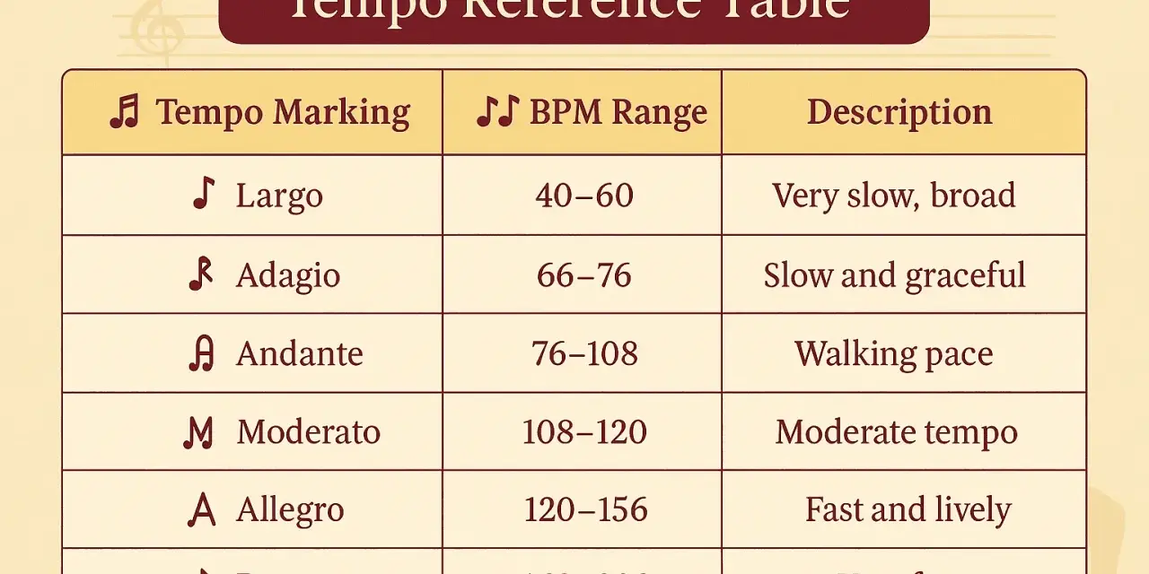 Tabela tempa muzycznego. Largo ma zakres 40-60 BPM, czyli metronom 60 to tempo Largo.