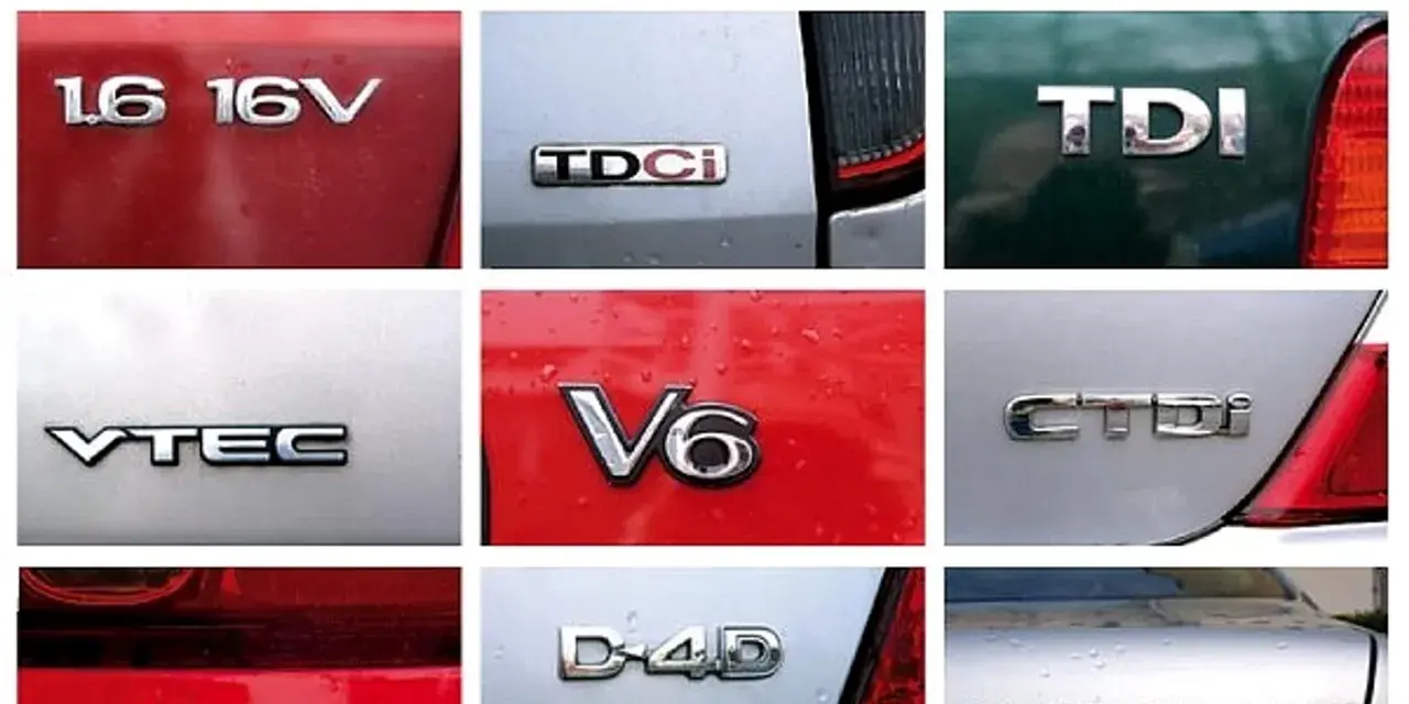 Różne oznaczenia silników samochodowych: 1.6 16V, TDCi, TDI, VTEC, V6, CTDi, D-4D. Niektóre z nich to oznaczenia silników diesel.