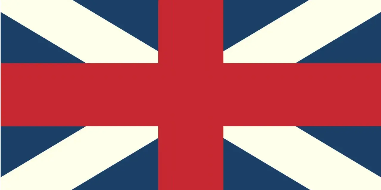 Flaga Wielkiej Brytanii, znana jako Union Jack, z czerwonym krzyżem na niebieskim tle i białymi oraz czerwonymi pasami.