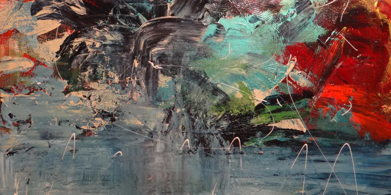 Peinture abstraite aux couleurs vives, avec des touches de bleu, rouge et vert. Le rendu est un mélange de vernis satiné ou mat, créant une texture riche et profonde.