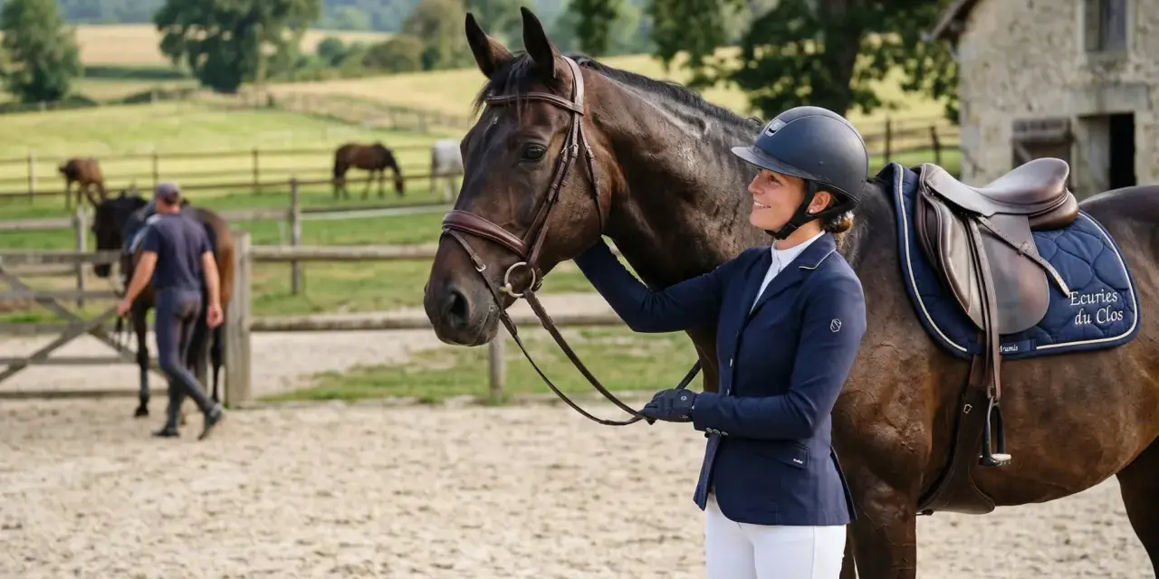Une cavalière souriante, casque sur la tête, tient son cheval. La **FEI definition** de l'équitation est ici incarnée par cette scène paisible.