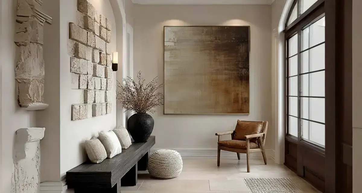 Come valorizzare una parete vuota con un quadro astratto, una scultura moderna e un arredo accogliente.