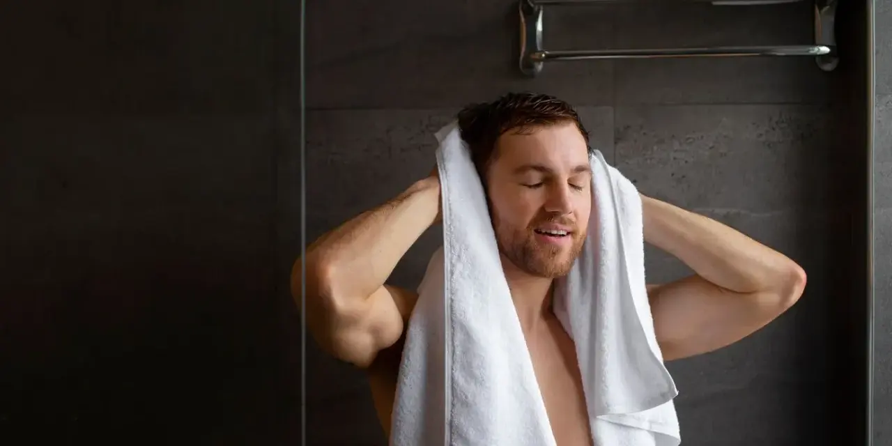 Uomo si asciuga i capelli con un asciugamano bianco. Peccato che non arriva acqua calda solo nella doccia, altrimenti sarebbe stato un bagno perfetto.