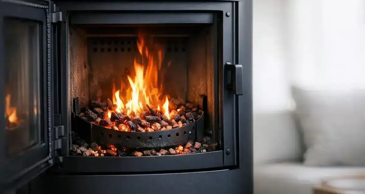Poêle à granulés allumé, porte ouverte, flammes vives dans le foyer rempli de granulés.