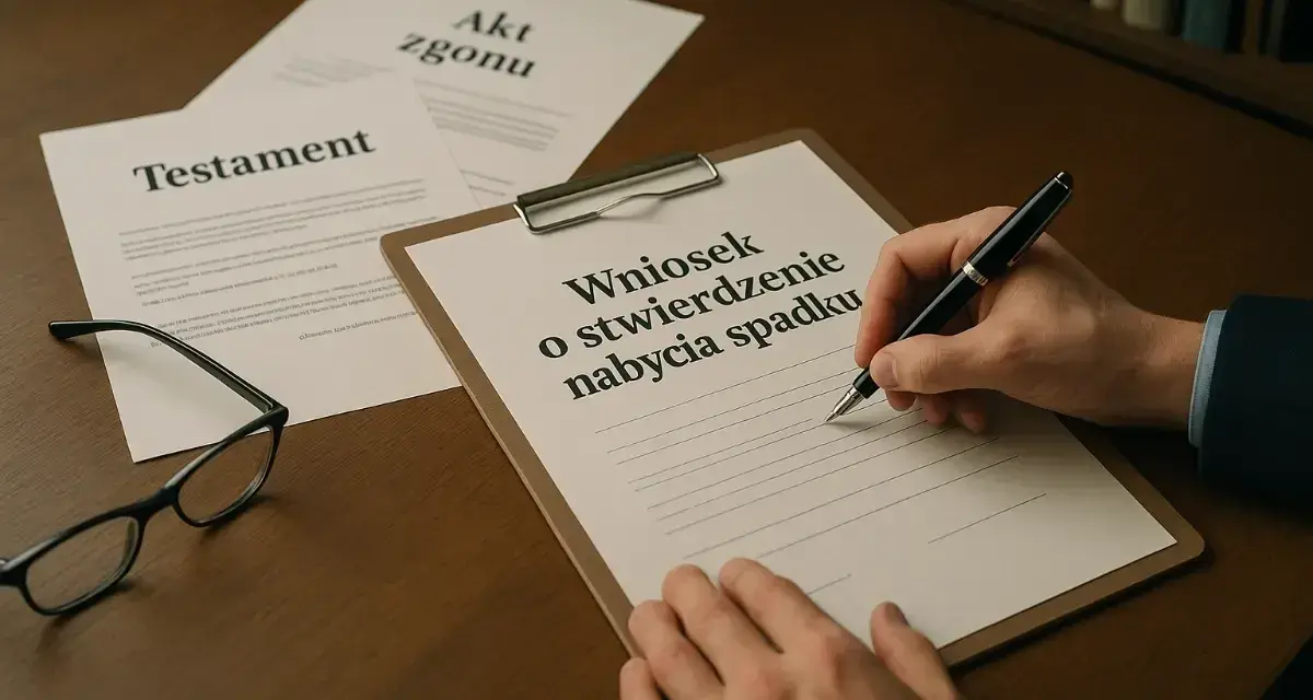 Dłoń pisze wniosek o stwierdzenie nabycia spadku. Obok leżą testament i akt zgonu.