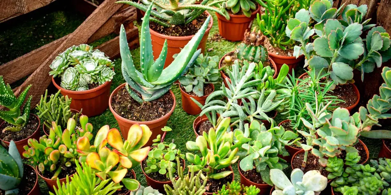 Variedad de plantas crasas en macetas, incluyendo aloe vera y suculentas de diversas formas y colores, dispuestas sobre césped artificial.