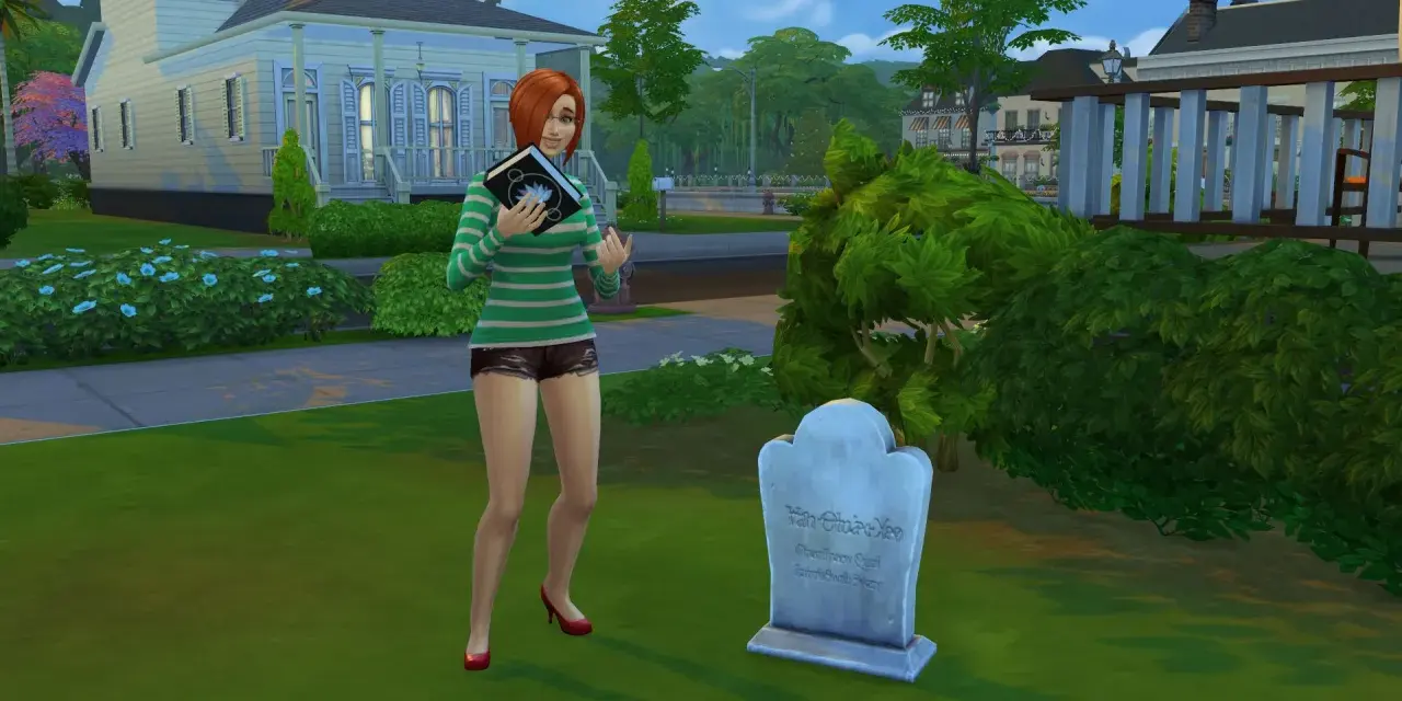 Simka z książką w ręku przy grobie, jakby szukała kodów do The Sims 3.