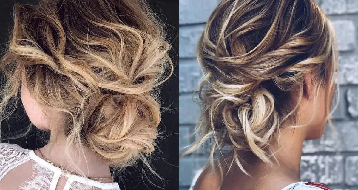 Due acconciature con capelli semi raccolti eleganti, con morbide onde bionde e castane, perfette per un look romantico.