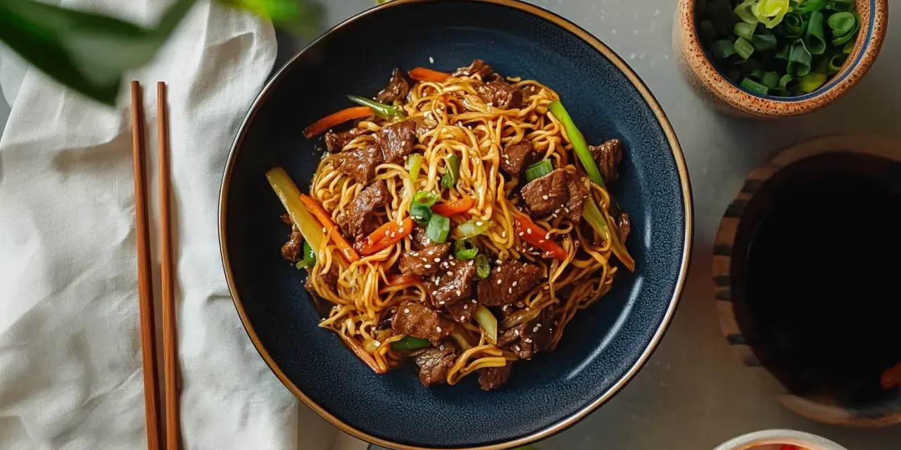 Chow mein z wołowiną i warzywami w misce, obok pałeczek i sosu sojowego.