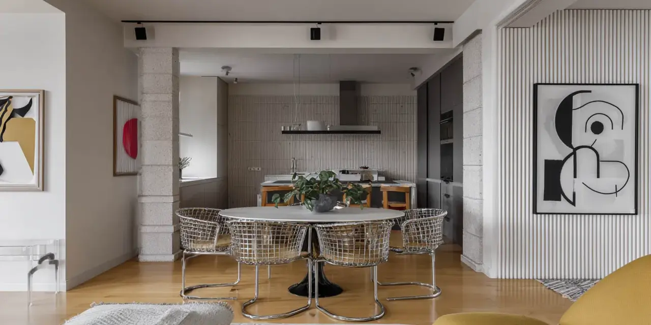 Nowoczesne wnętrze z okrągłym stołem i krzesłami w stylu bauhaus. W tle kuchnia i abstrakcyjne obrazy.