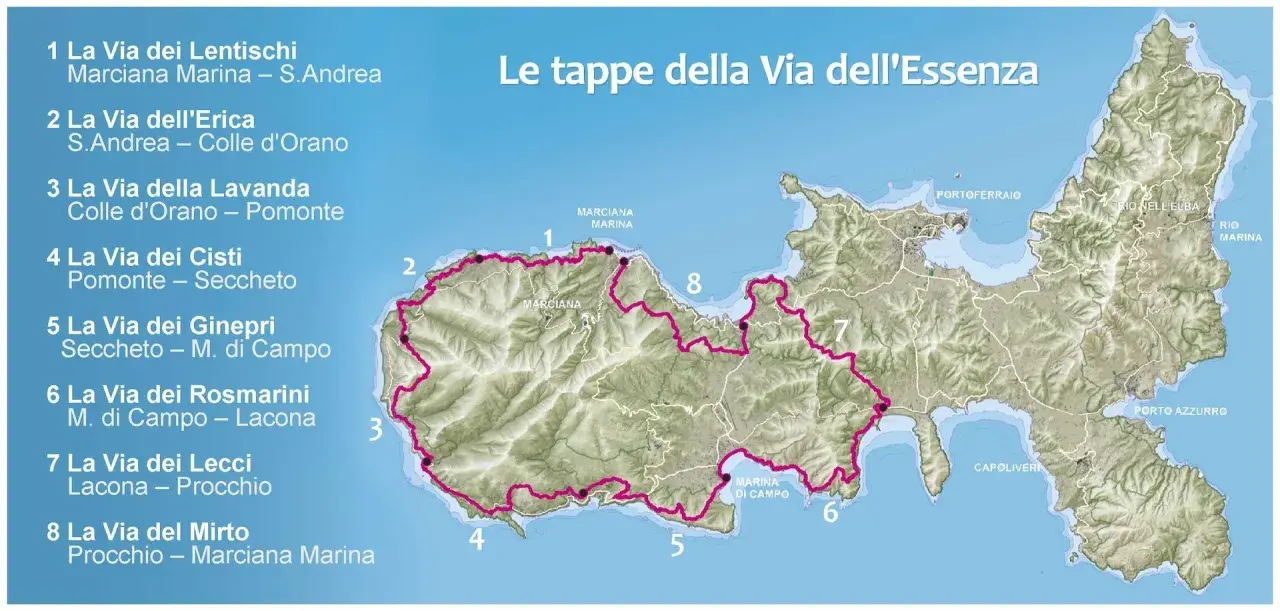 Mappa dell'Isola d'Elba con le tappe della Via dell'Essenza, un percorso che attraversa sentieri panoramici e borghi caratteristici.