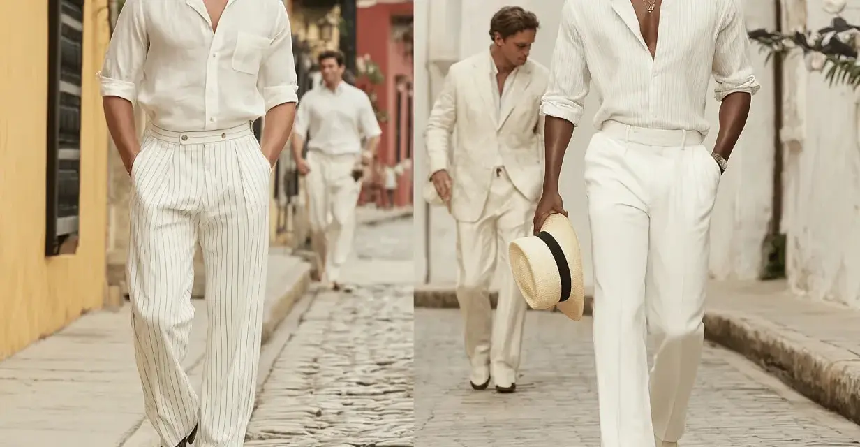 Uomini con un elegante outfit uomo pantaloni bianchi a righe, camicie leggere e cappello di paglia, passeggiano su un vicolo acciottolato.