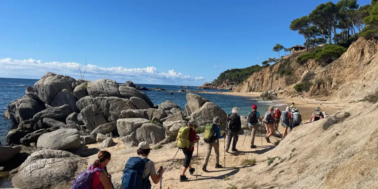Une randonnée côtière ensoleillée, avec un groupe de randonneurs profitant d'une marche afghane le long d'une plage rocheuse et d'une falaise verdoyante.