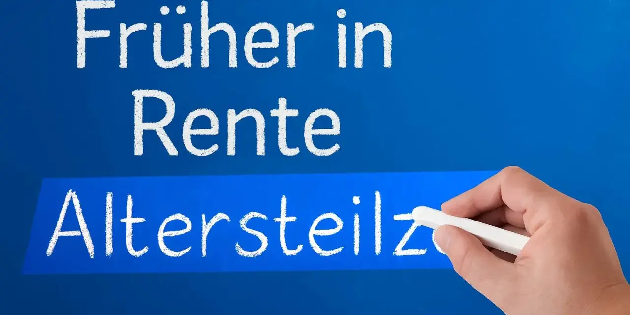 Hand schreibt "Altersteilzeit" auf einer blauen Tafel. Der Text darüber lautet "Früher in Rente". Die Vor- und Nachteile der Altersteilzeit werden thematisiert.