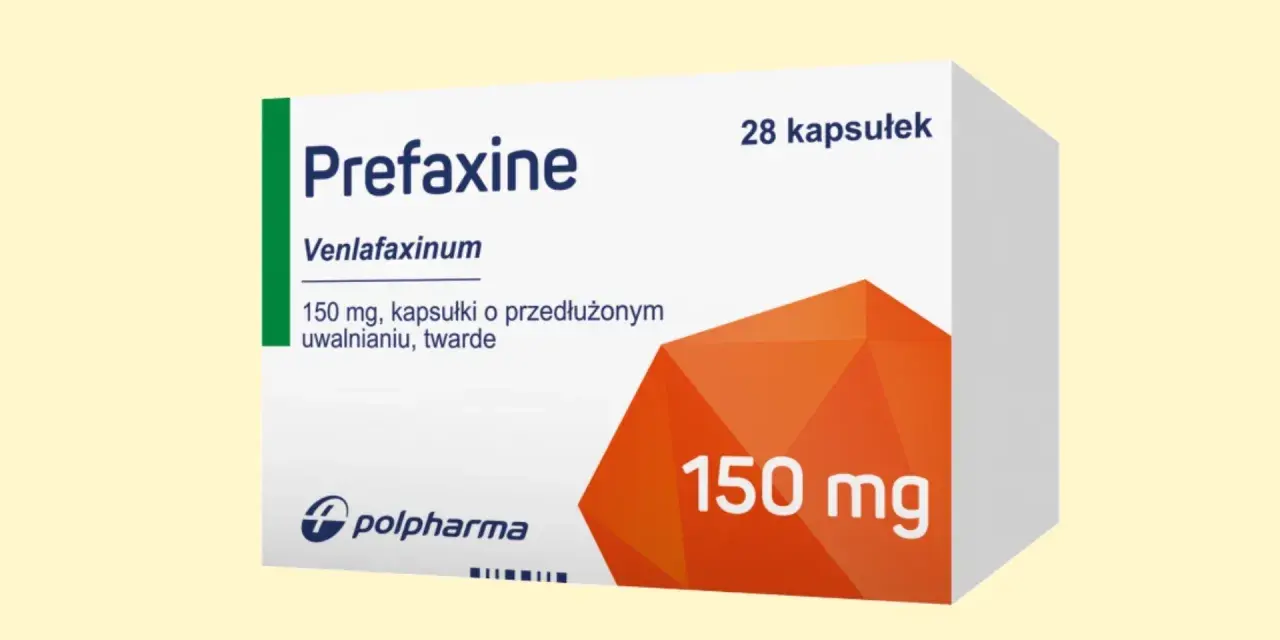 Opakowanie leku Prefaxine 150 mg, zawierające 28 kapsułek o przedłużonym uwalnianiu.