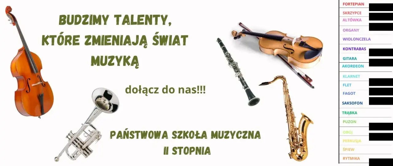 Państwowa Szkoła Muzyczna II stopnia budzi talenty, które zmieniają świat muzyką. Instrumenty: kontrabas, trąbka, skrzypce, klarnet, saksofon.