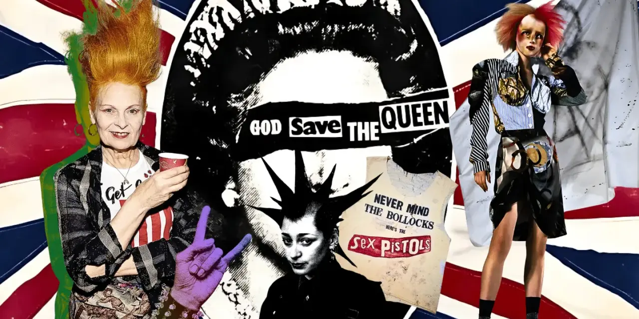 Vivienne Westwood Punk Ikone mit zerzaustem Haar und einem Becher in der Hand, umgeben von Punk-Symbolen und der britischen Flagge.