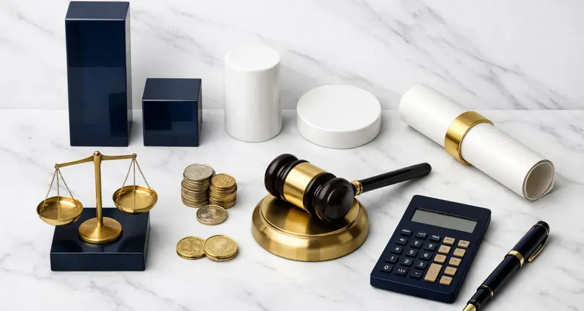 Balance, marteau de juge, calculatrice, stylo, pièces et diplôme symbolisent les frais d'avocat pour partage judiciaire.