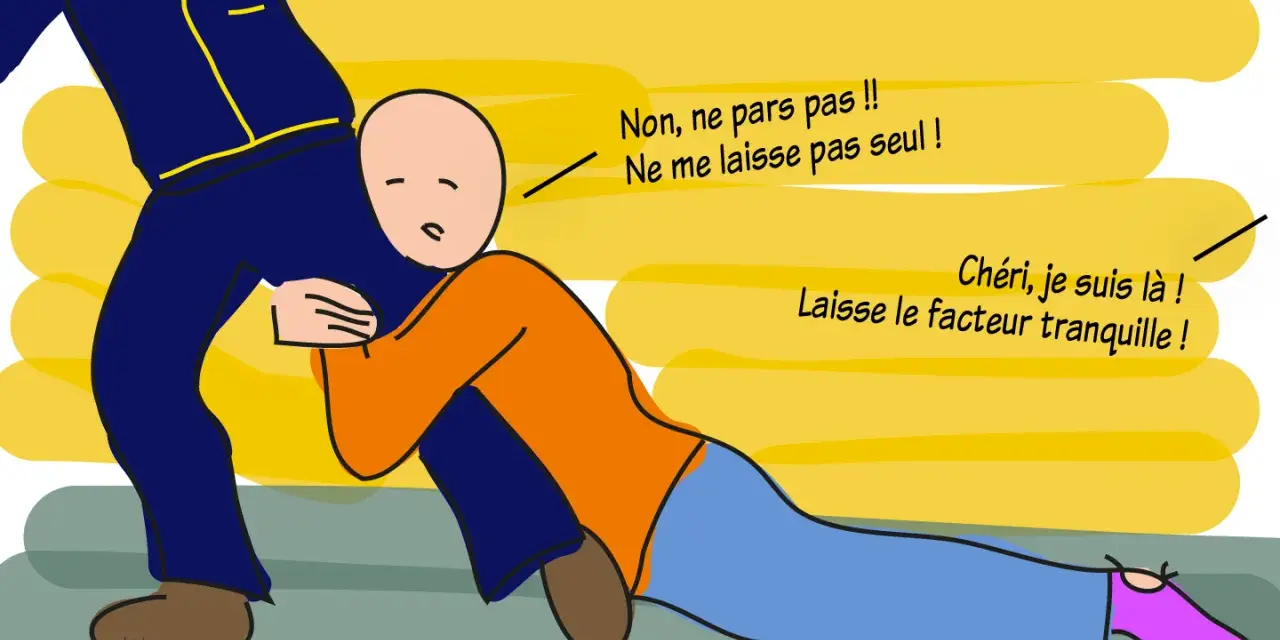 Un homme supplie l'autre de ne pas partir, le serrant fort. "Chéri, je suis là ! Laisse le facteur tranquille !" dit-il, montrant son envie de lui.