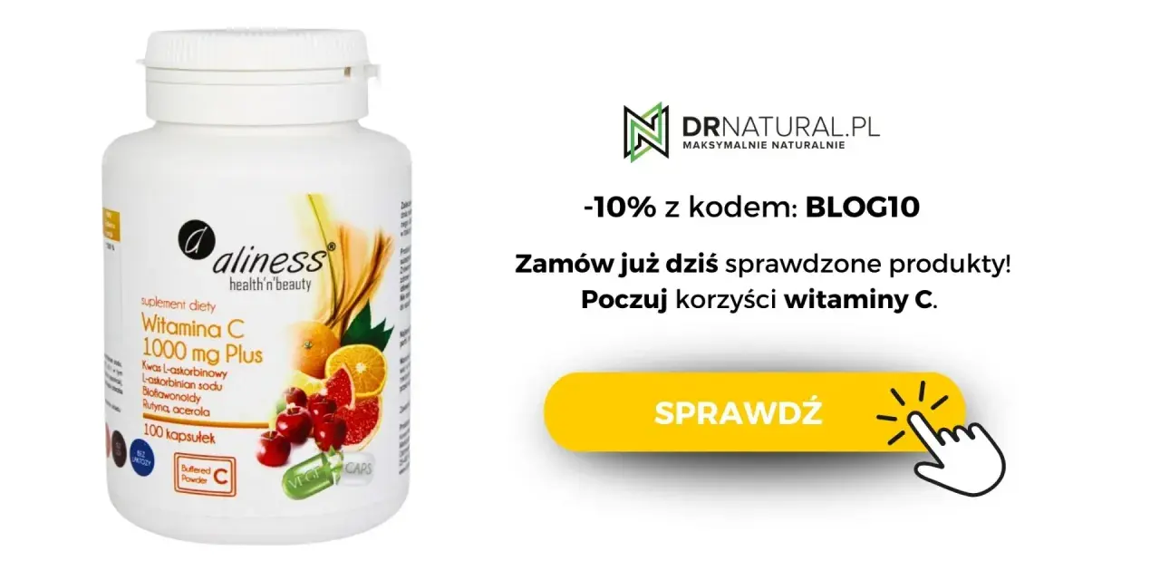 Suplement diety Aliness Witamina C 1000 mg Plus, zawierający kwas L-askorbinowy i inne składniki. Poczuj korzyści witaminy C!