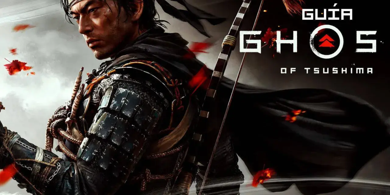 Jin Sakai, protagonista de la **guía Ghost of Tsushima**, con armadura samurái y arco. Hojas rojas flotan en el aire.