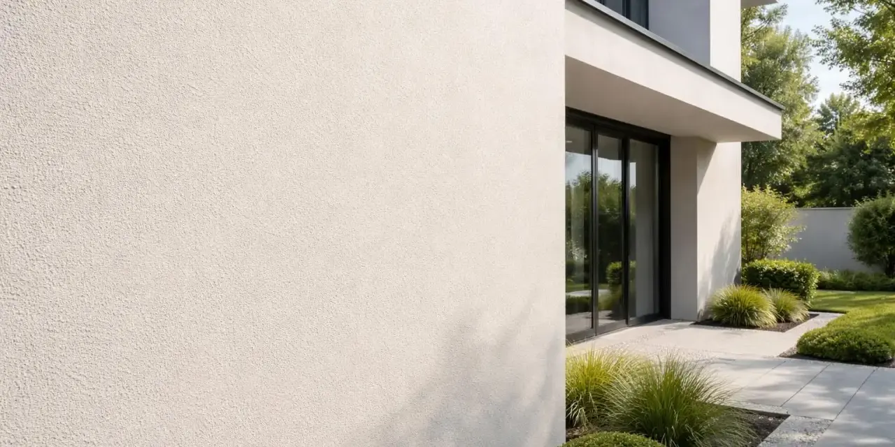 Un mur extérieur en enduit taloché blanc, avec une texture subtile, bordant un jardin moderne aux lignes épurées.