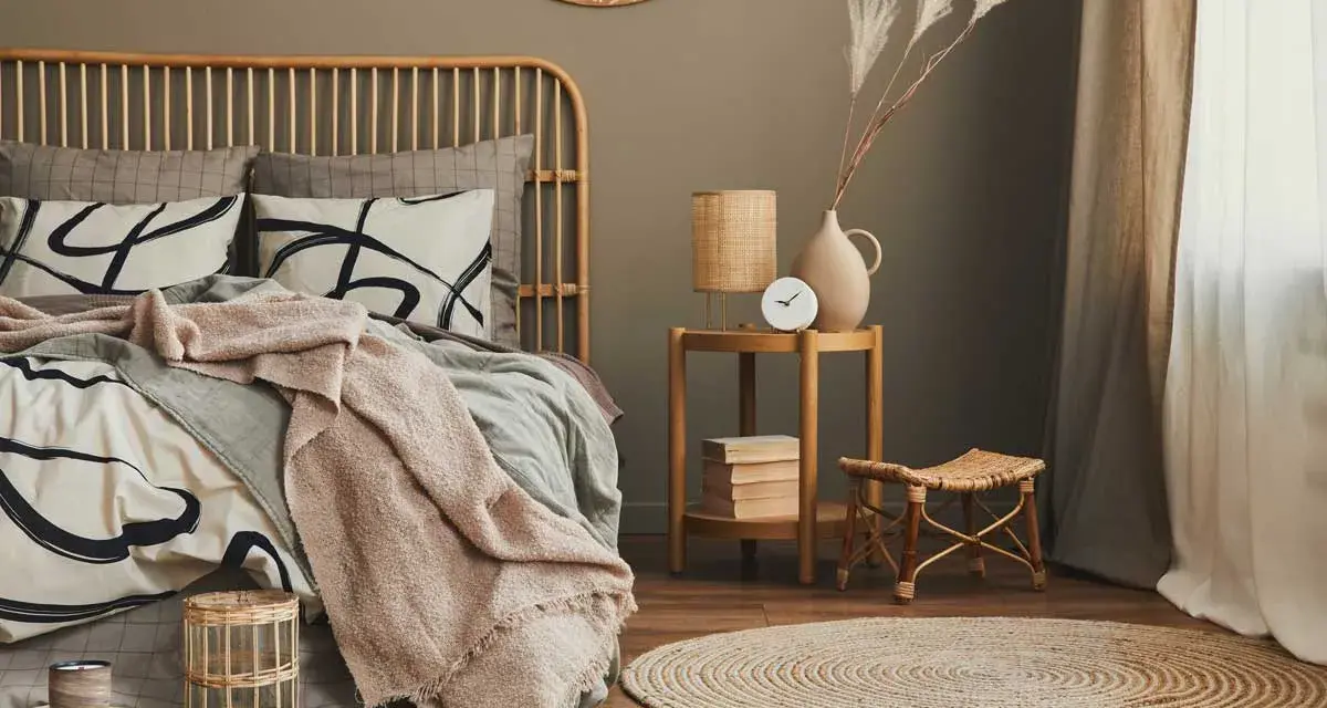 Dormitorio con cama de ratán, ropa de cama beige y gris, manta rosa, mesita auxiliar de madera y alfombra redonda.
