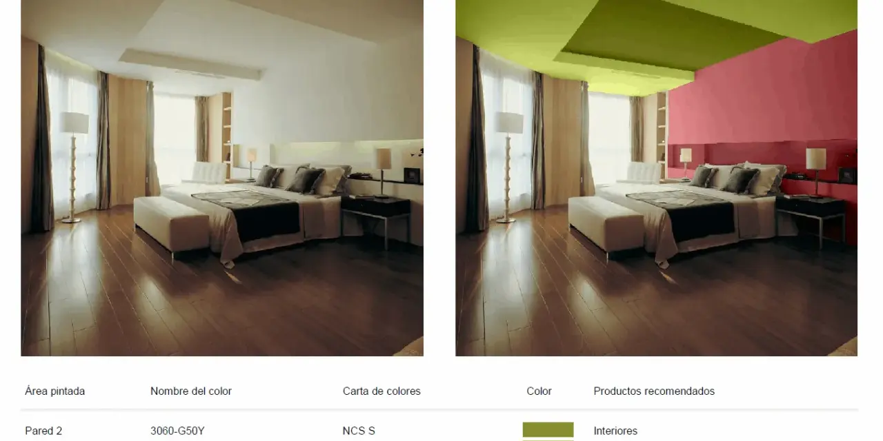 Habitación de hotel con paredes y techo pintados en colores vibrantes, usando el natural color system para un diseño moderno.