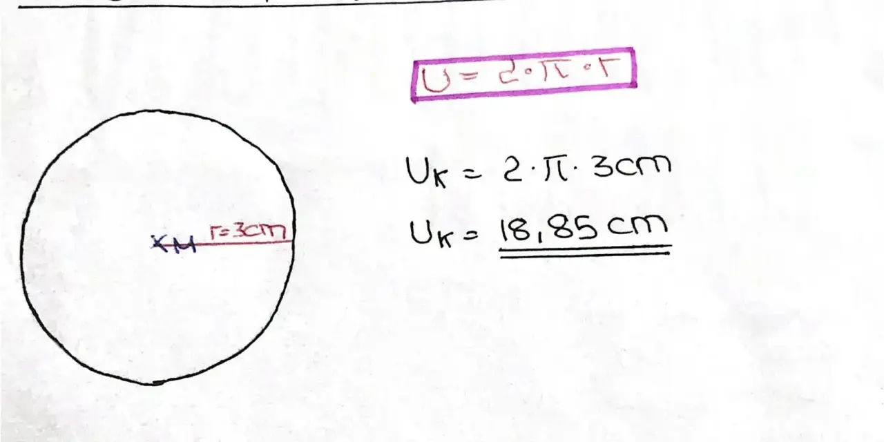 Kreisumfang berechnen: Formel U=2πr, Radius 3cm, Ergebnis 18,85cm.