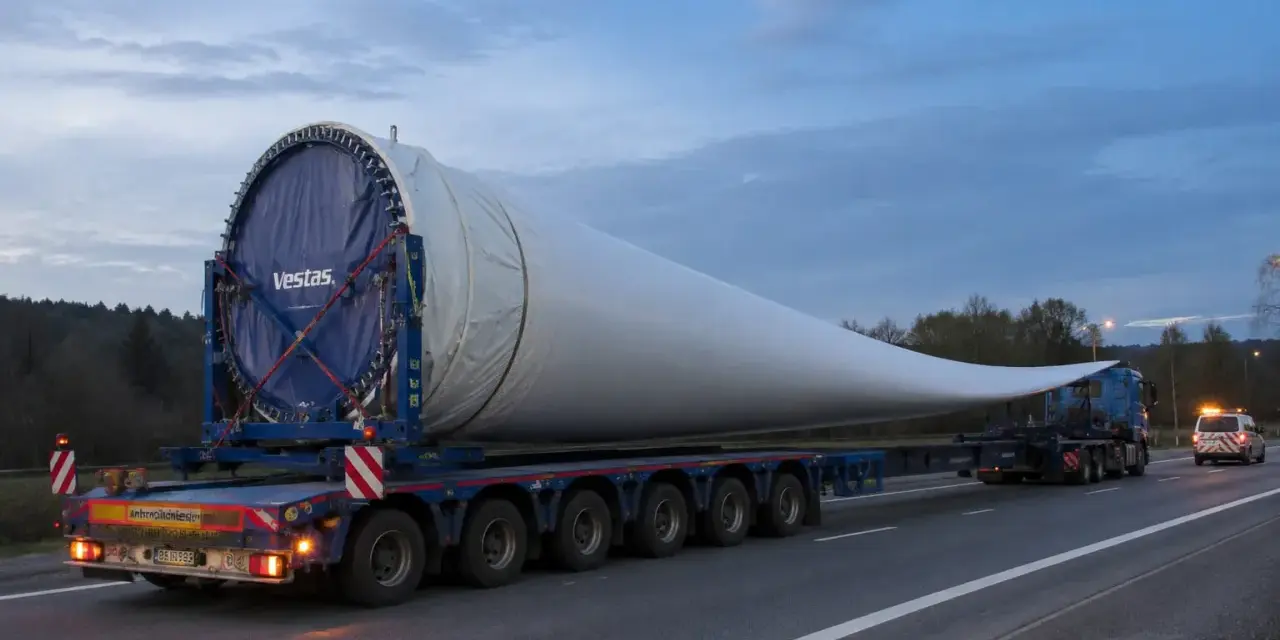Ogromne łopaty wiatraka Vestas na specjalistycznej platformie. To skomplikowane zlecenie transportowe na drodze o zmierzchu.