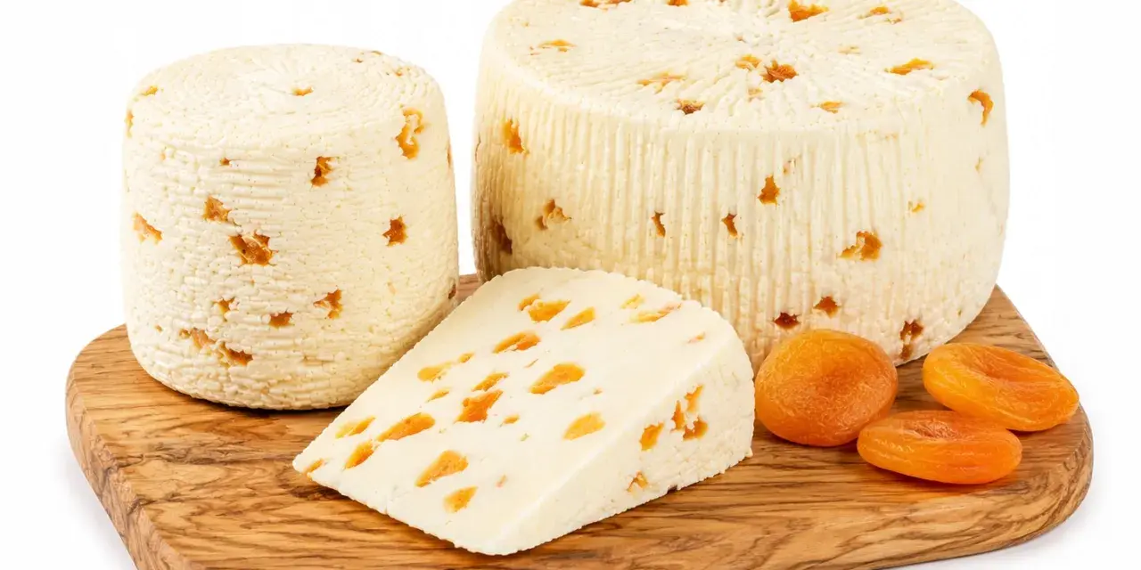 Ser scamorza z suszonymi morelami, idealny do deski serów lub jako dodatek do sałatek.