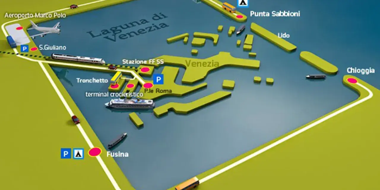 Mapa Wenecji i okolic: lotnisko Marco Polo, stacja kolejowa, terminal promowy, Punta Sabbioni, Lido, Chioggia. Dojazd z Treviso.