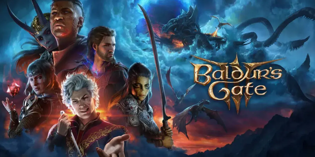 Postacie z Baldur's Gate 3, w tym Minthara, na tle mrocznego, burzowego nieba z smokami i logo gry.