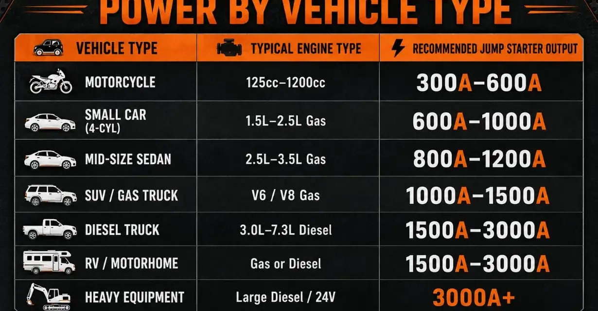 Chart shows how many amps to start a semi truck: 1500A-3000A for diesel trucks, and 3000A+ for heavy equipment.