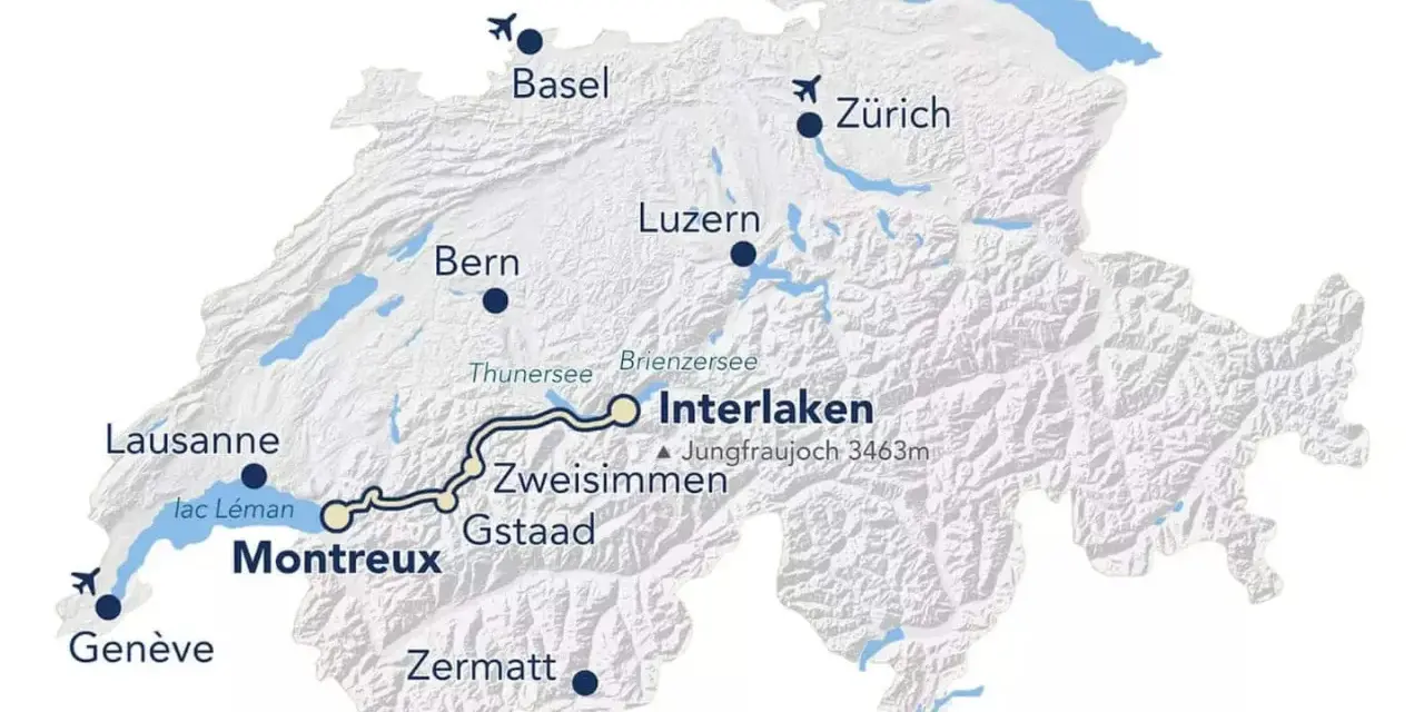 Map showing the scenic Golden Pass train route from Interlaken to Montreux, passing through Zweisimmen and Gstaad.