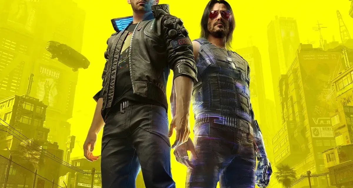 Dos hombres en Night City, uno con chaqueta de cuero y otro con chaleco táctico, listos para aplicar trucos de Cyberpunk 2077.