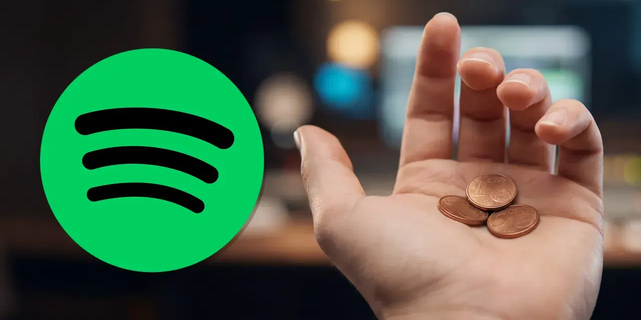 Das Spotify-Logo neben einer Hand mit wenigen Cent Münzen symbolisiert die geringen Einnahmen pro spotify stream.