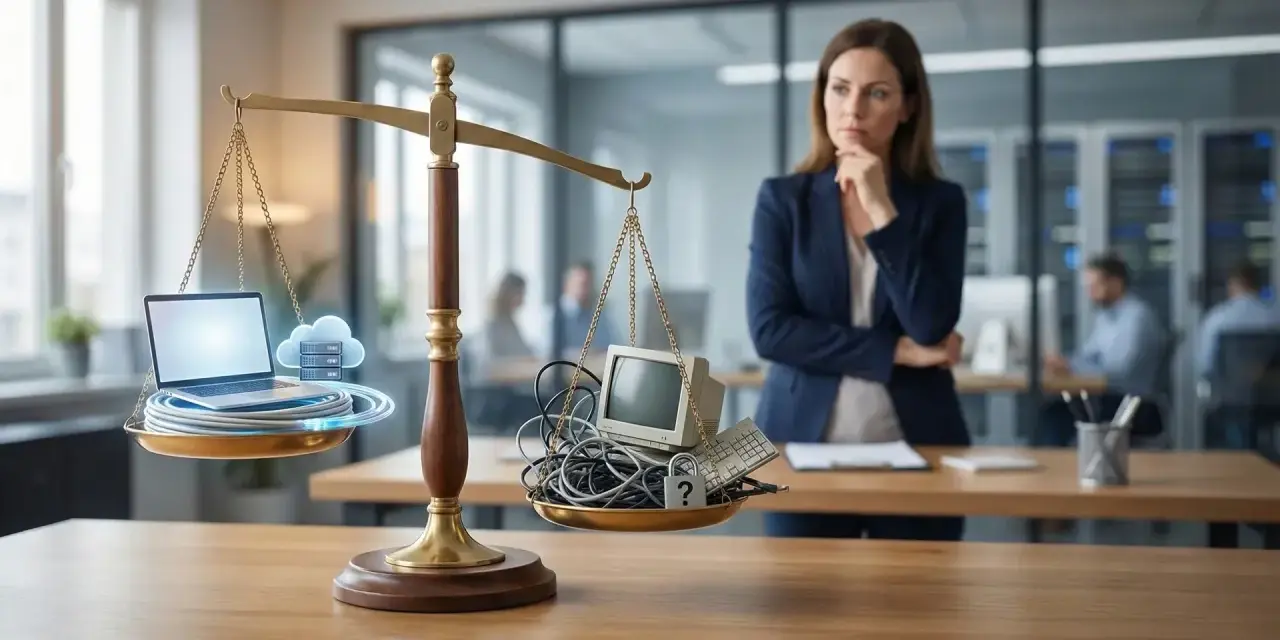 Waga szalkowa symbolizuje outsourcing: z jednej strony nowoczesny sprzęt i chmura, z drugiej stare urządzenia i znak zapytania. Kobieta rozważa wady i zalety.