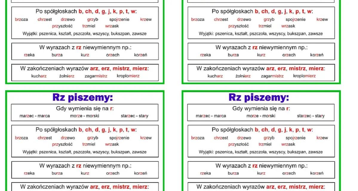 Tablice edukacyjne o pisowni "rz" po spółgłoskach, z przykładami wyrazów jak "brzoza", "chrzest", "rzeka", "burza", "kurz", "orzech", "korzeń", "kucharz", "żołnierz".